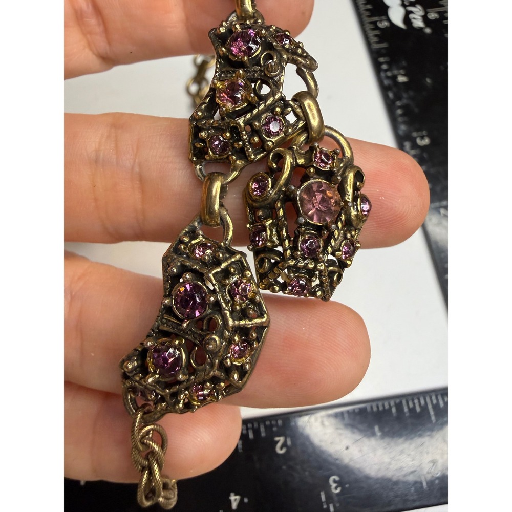 Antique Brass Purple Rhinestone Filigree Drop Necklace Brutalist Boho 17 Inch